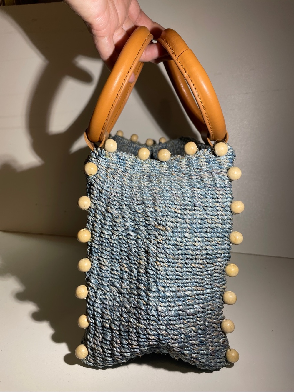 ARNAZ Philippines Blue Woven Straw Handbag Mini Tote Leather Ring Handles Beads - Picture 13 of 14